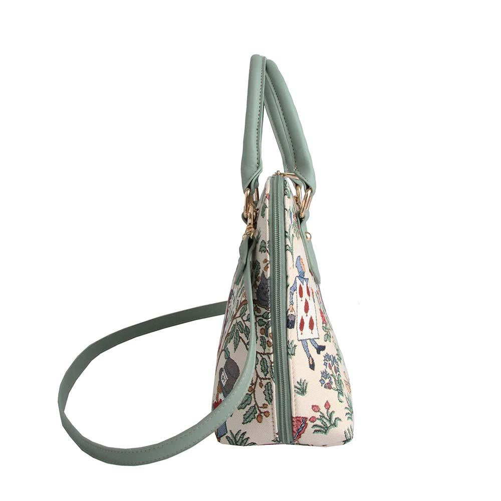 Alice in Wonderland Convertible Bag featuring whimsical characters and eco-friendly materials, perfect for stylish women.