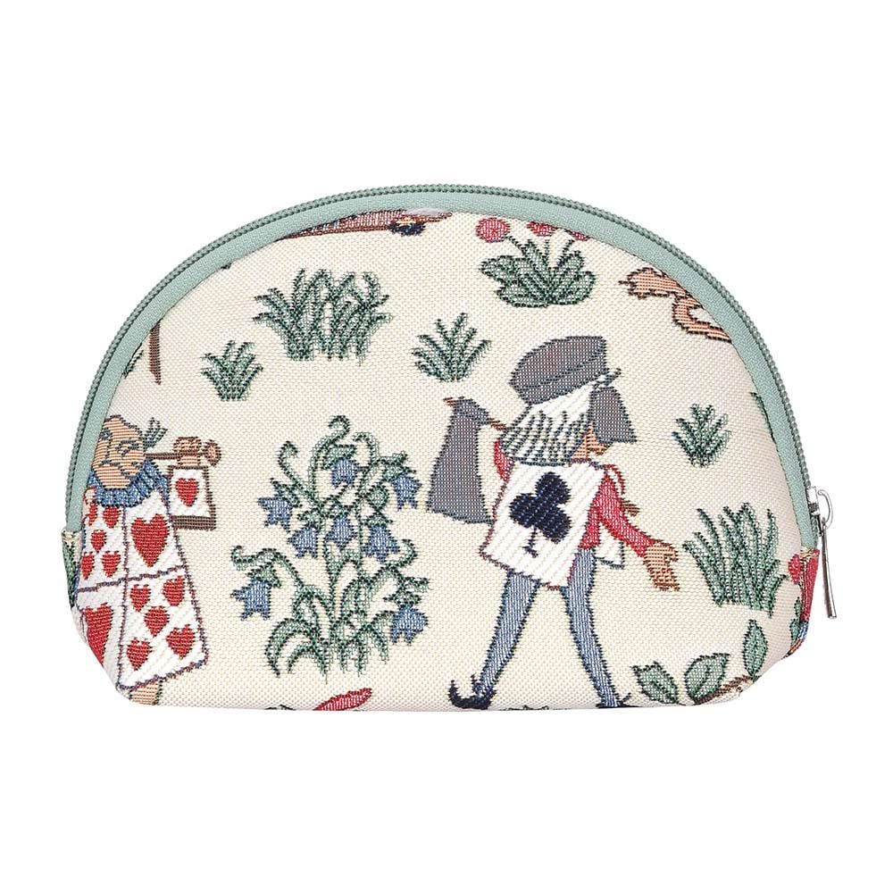 Alice in Wonderland Cosmetic Bag featuring whimsical characters and eco-friendly materials, perfect for storing makeup essentials.