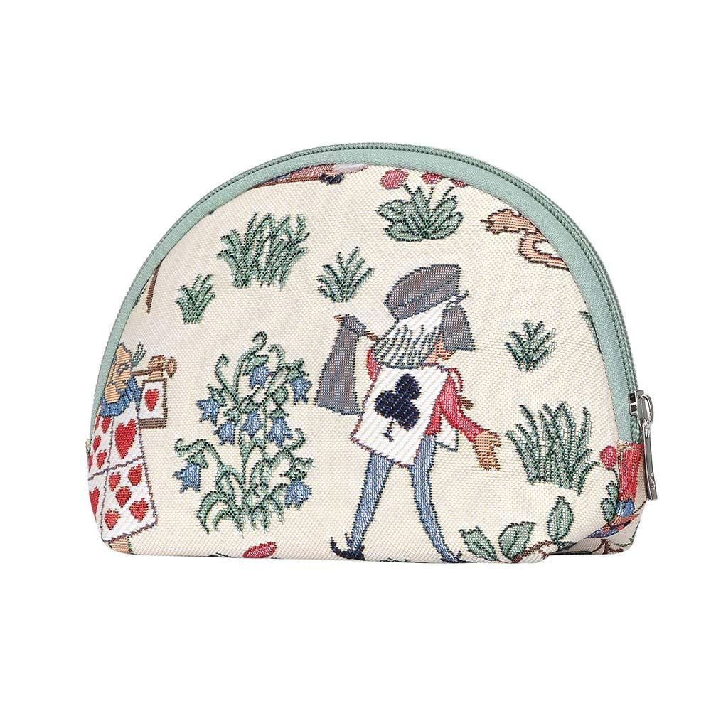 Alice in Wonderland Cosmetic Bag featuring whimsical characters and eco-friendly materials, perfect for storing makeup essentials.