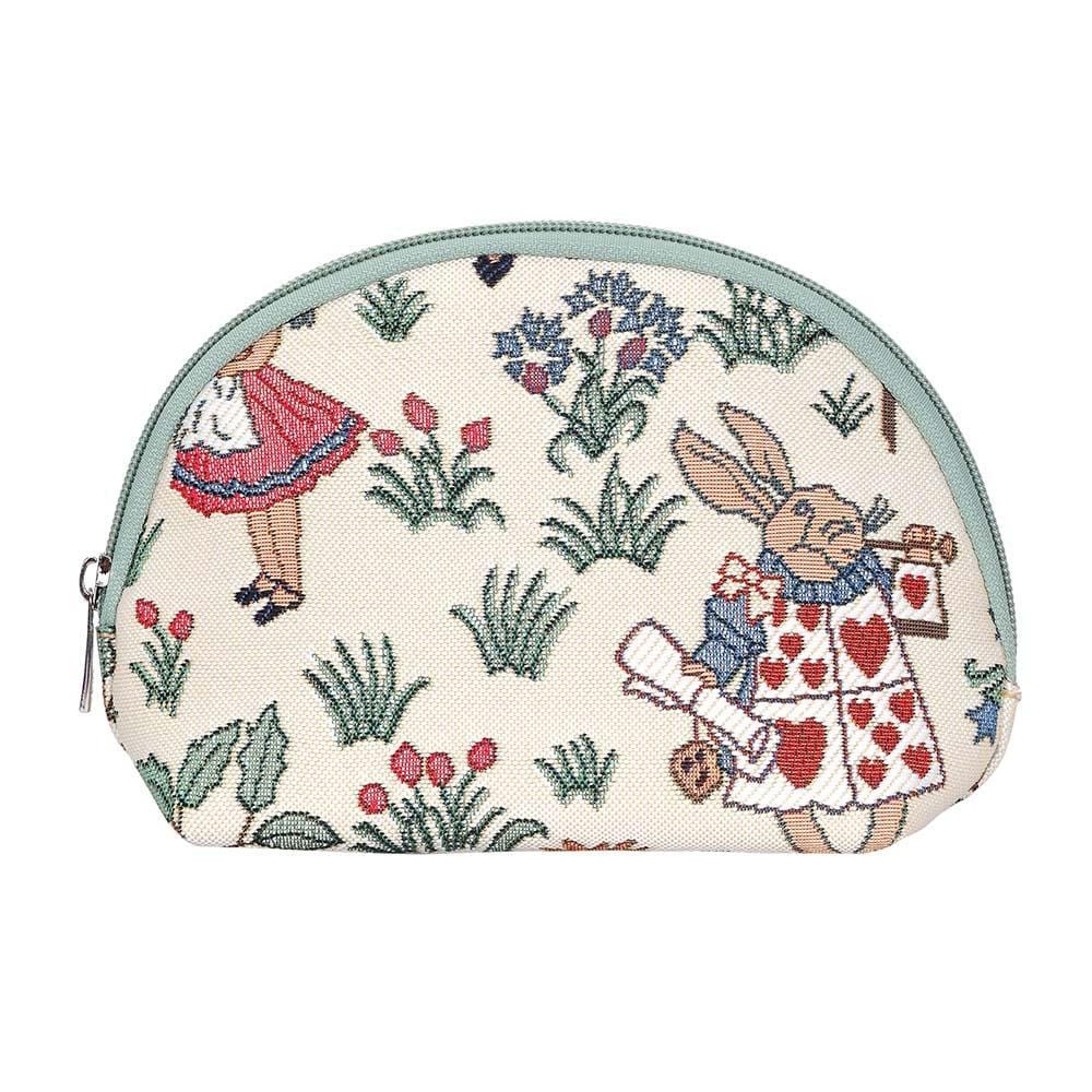 Alice in Wonderland Cosmetic Bag featuring whimsical characters and eco-friendly materials, perfect for storing makeup essentials.