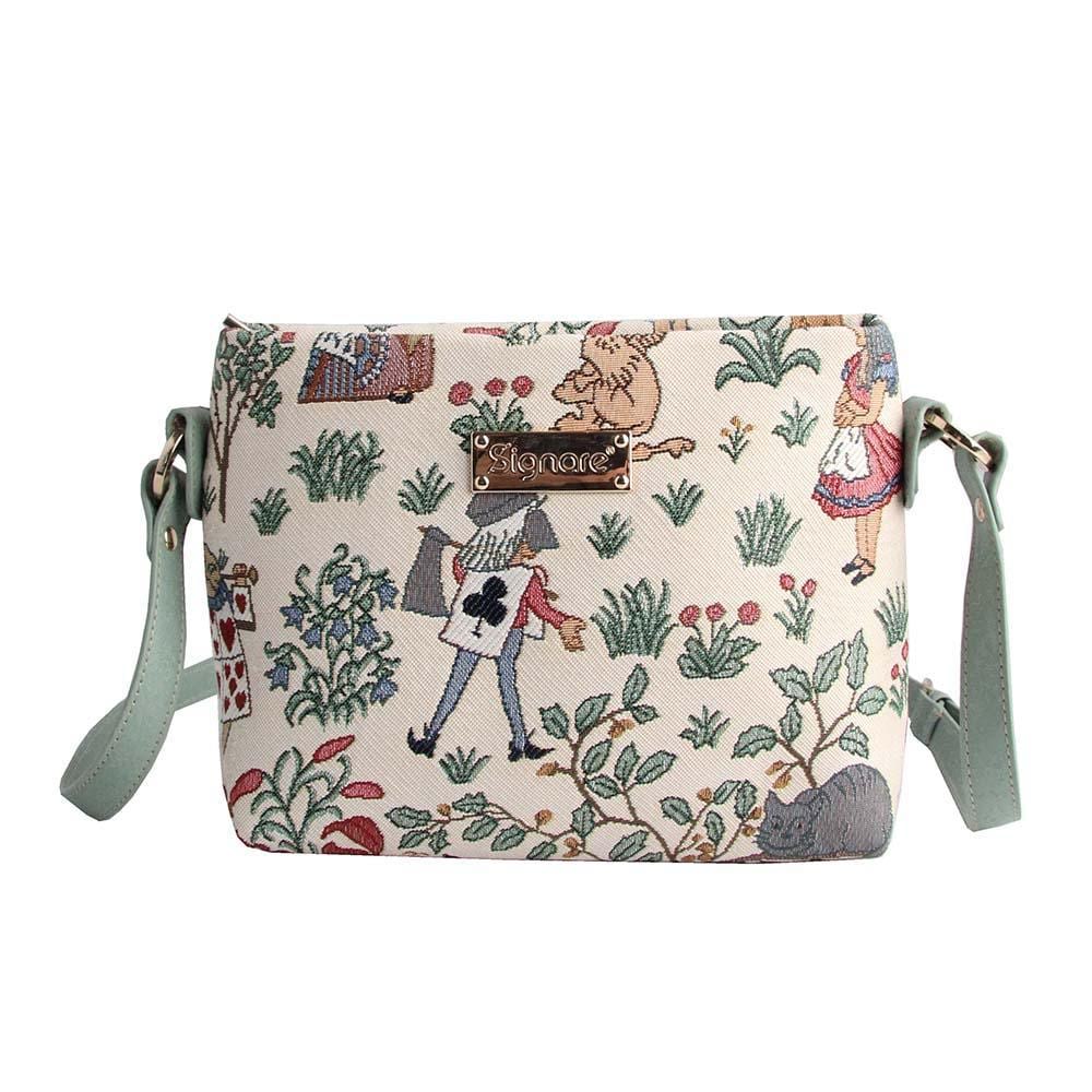 Alice in Wonderland Cross Body Bag featuring whimsical characters and eco-friendly materials, perfect for everyday use.