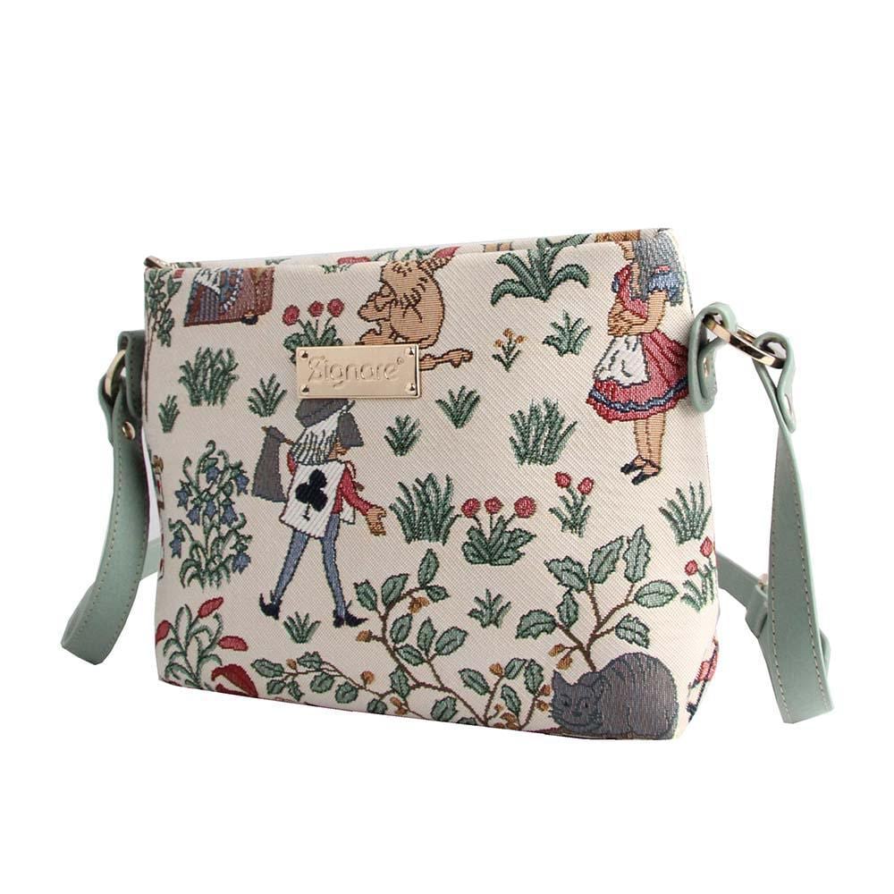 Alice in Wonderland Cross Body Bag featuring whimsical characters and eco-friendly materials, perfect for everyday use.