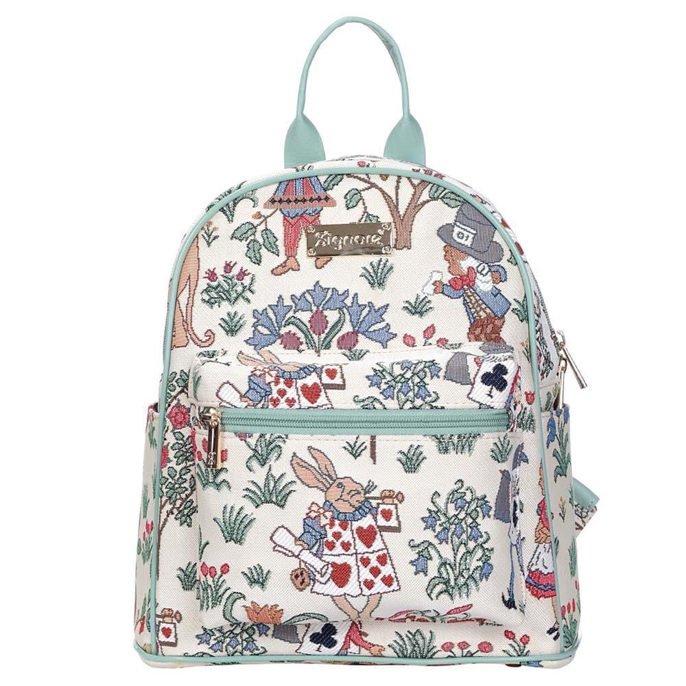 Alice in Wonderland Daypack featuring whimsical characters and eco-friendly materials, perfect for everyday use.