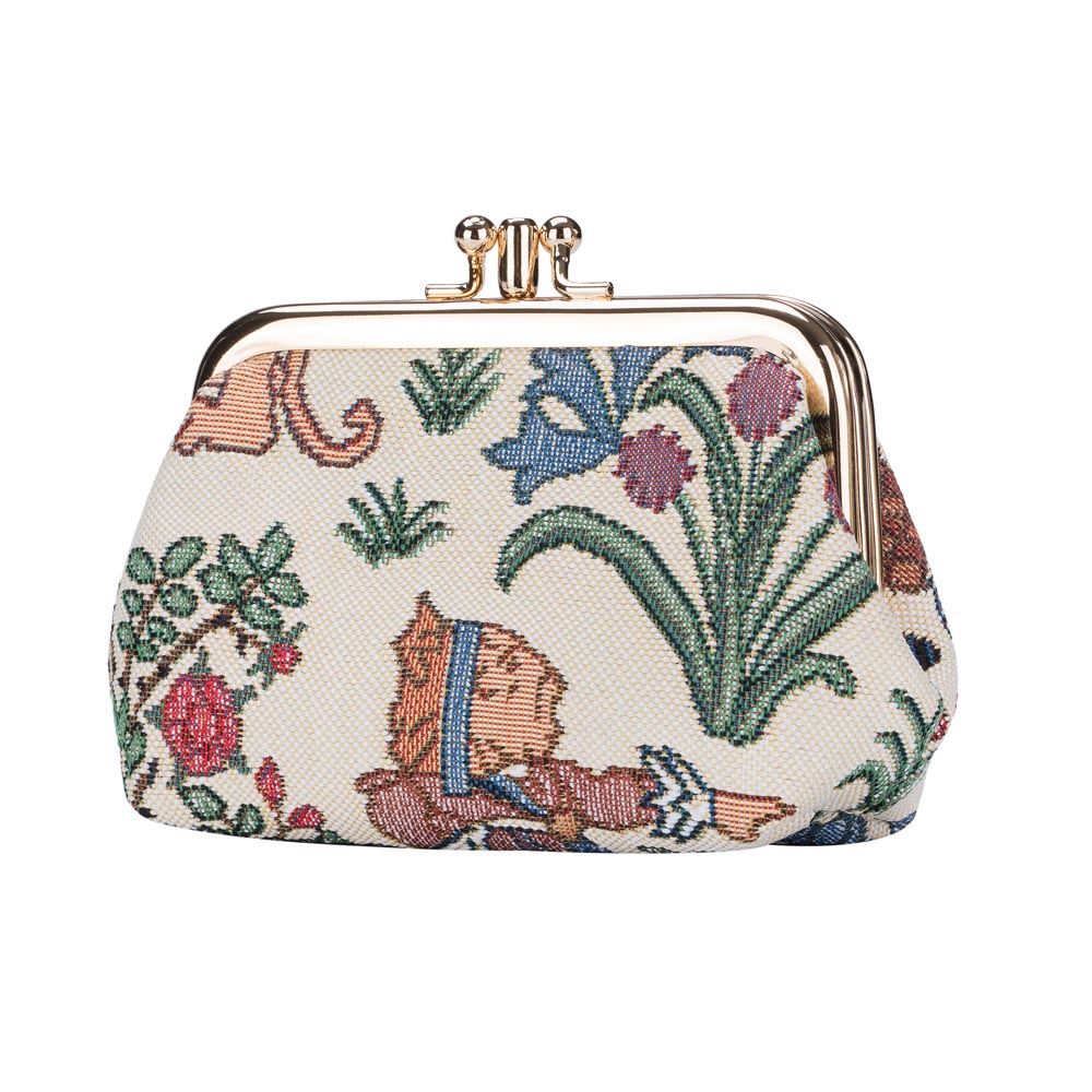 Alice in Wonderland Frame Purse featuring whimsical designs inspired by classic characters, made from eco-friendly materials.