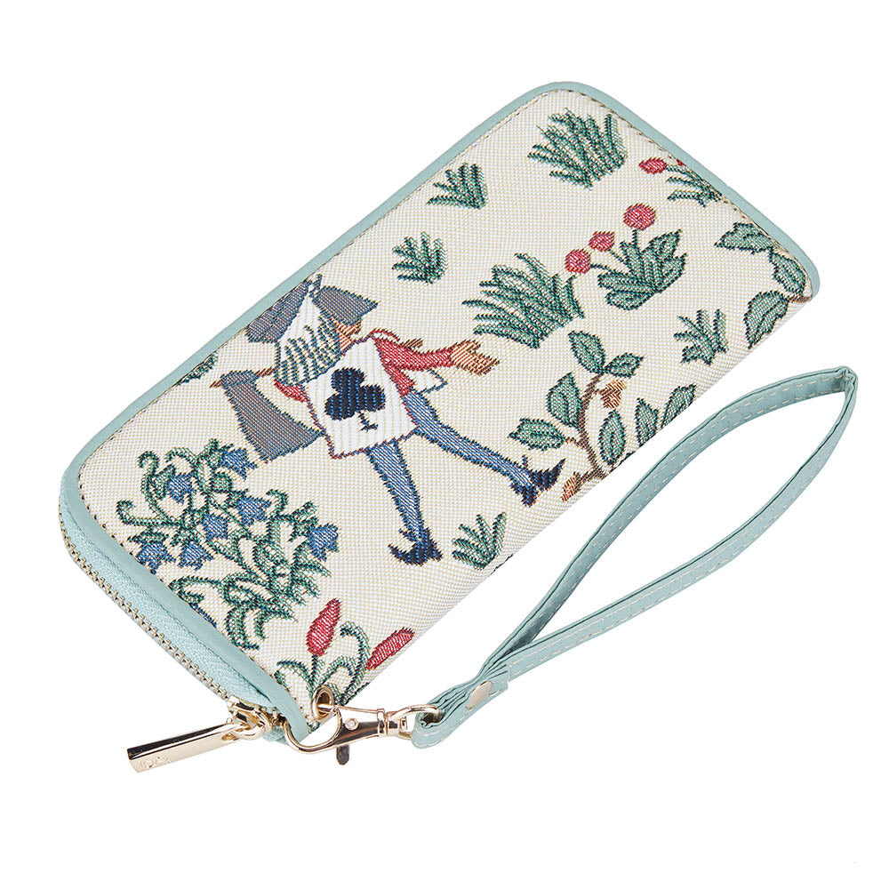 Alice in Wonderland Long Zip Purse featuring whimsical designs of Mad Hatter and Cheshire Cat, made from eco-friendly materials.