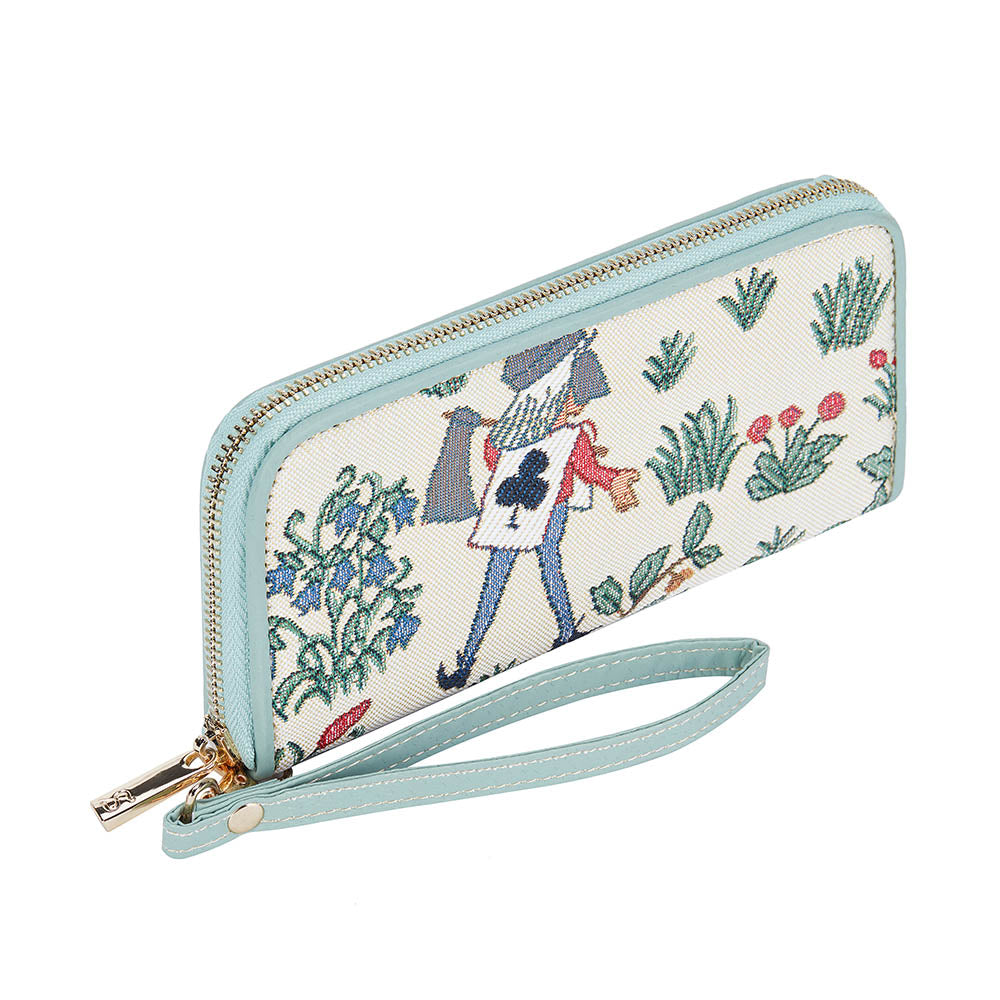 Alice in Wonderland Long Zip Purse featuring whimsical designs of Mad Hatter and Cheshire Cat, made from eco-friendly materials.