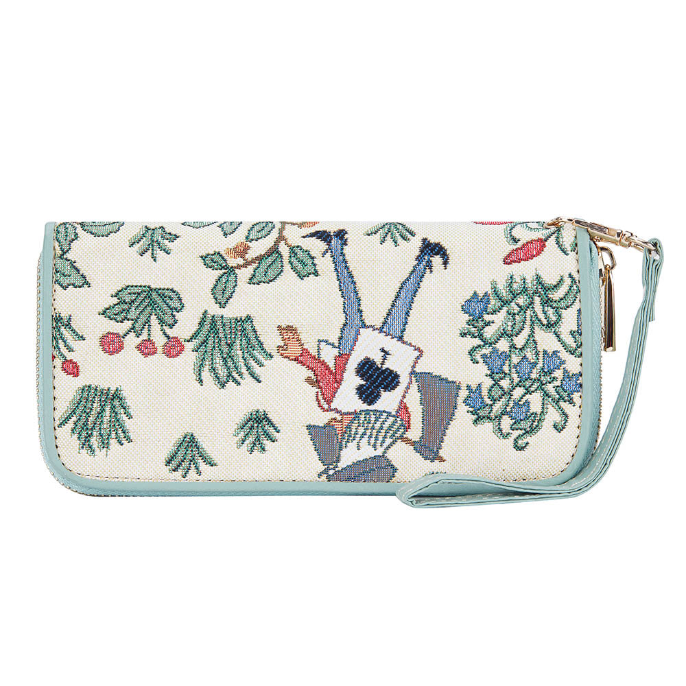 Alice in Wonderland Long Zip Purse featuring whimsical designs of Mad Hatter and Cheshire Cat, made from eco-friendly materials.