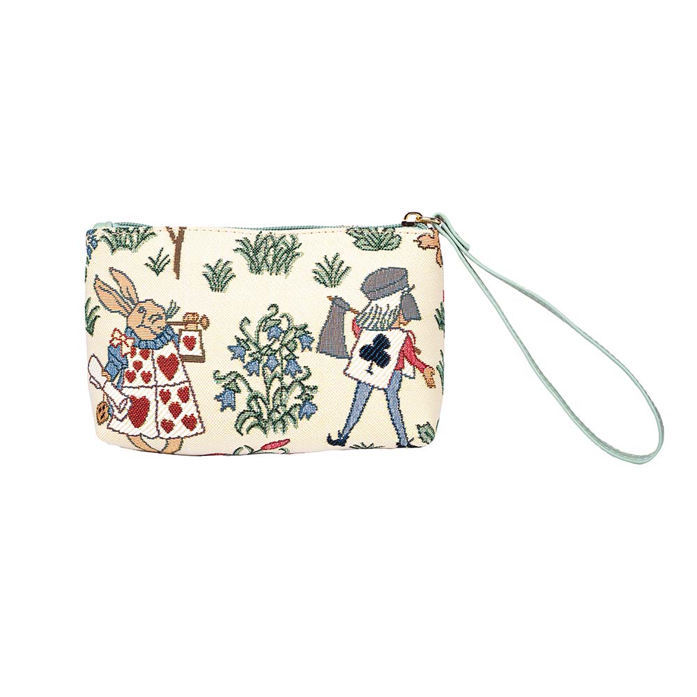 Alice in Wonderland Wristlet featuring eco-friendly fabric and whimsical design with characters like the Mad Hatter and Cheshire Cat.