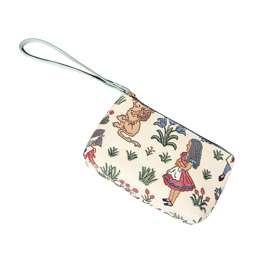 Alice in Wonderland Wristlet featuring eco-friendly fabric and whimsical design with characters like the Mad Hatter and Cheshire Cat.