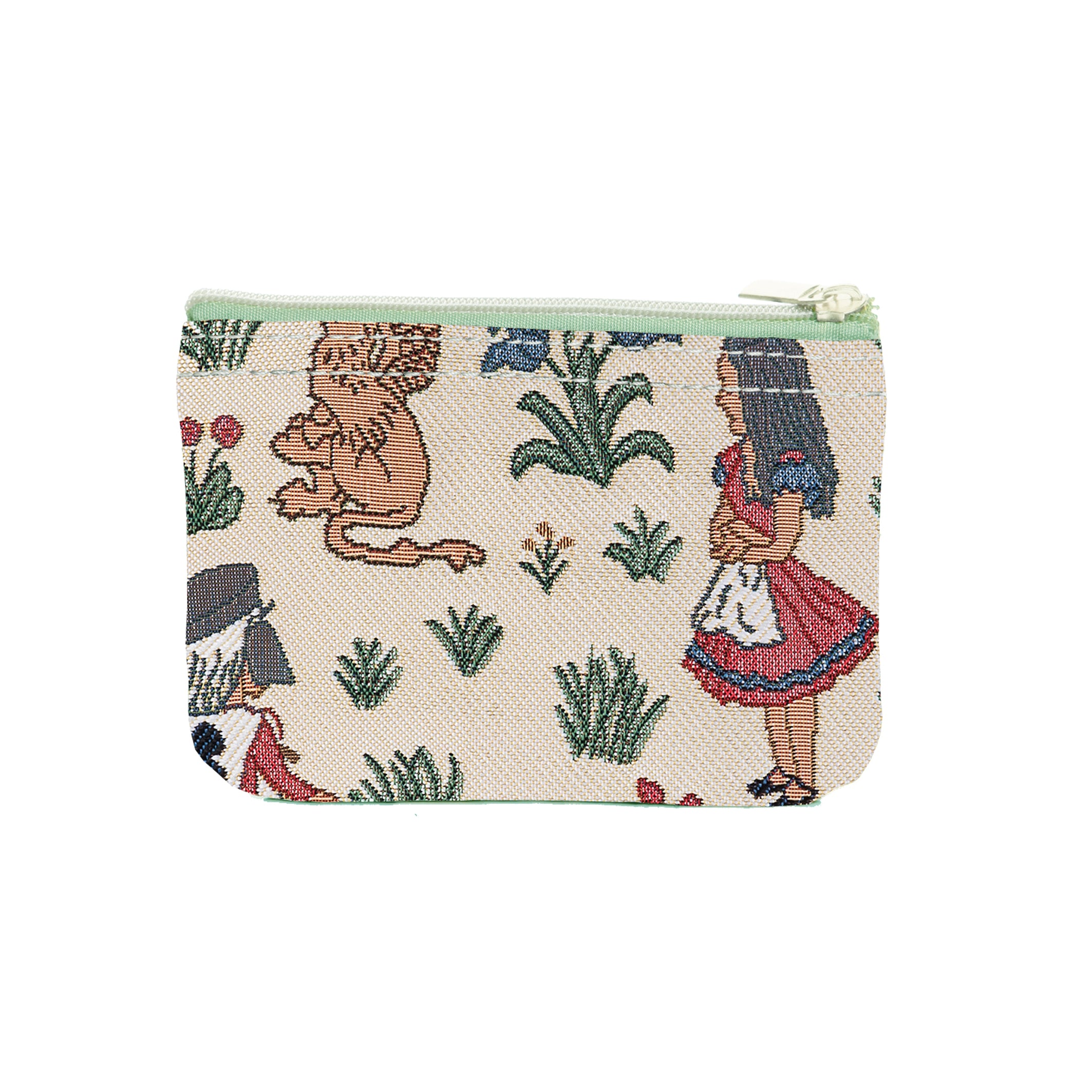 Alice in Wonderland Zip Coin Purse featuring vibrant characters like the Mad Hatter and Cheshire Cat, made from eco-friendly materials.