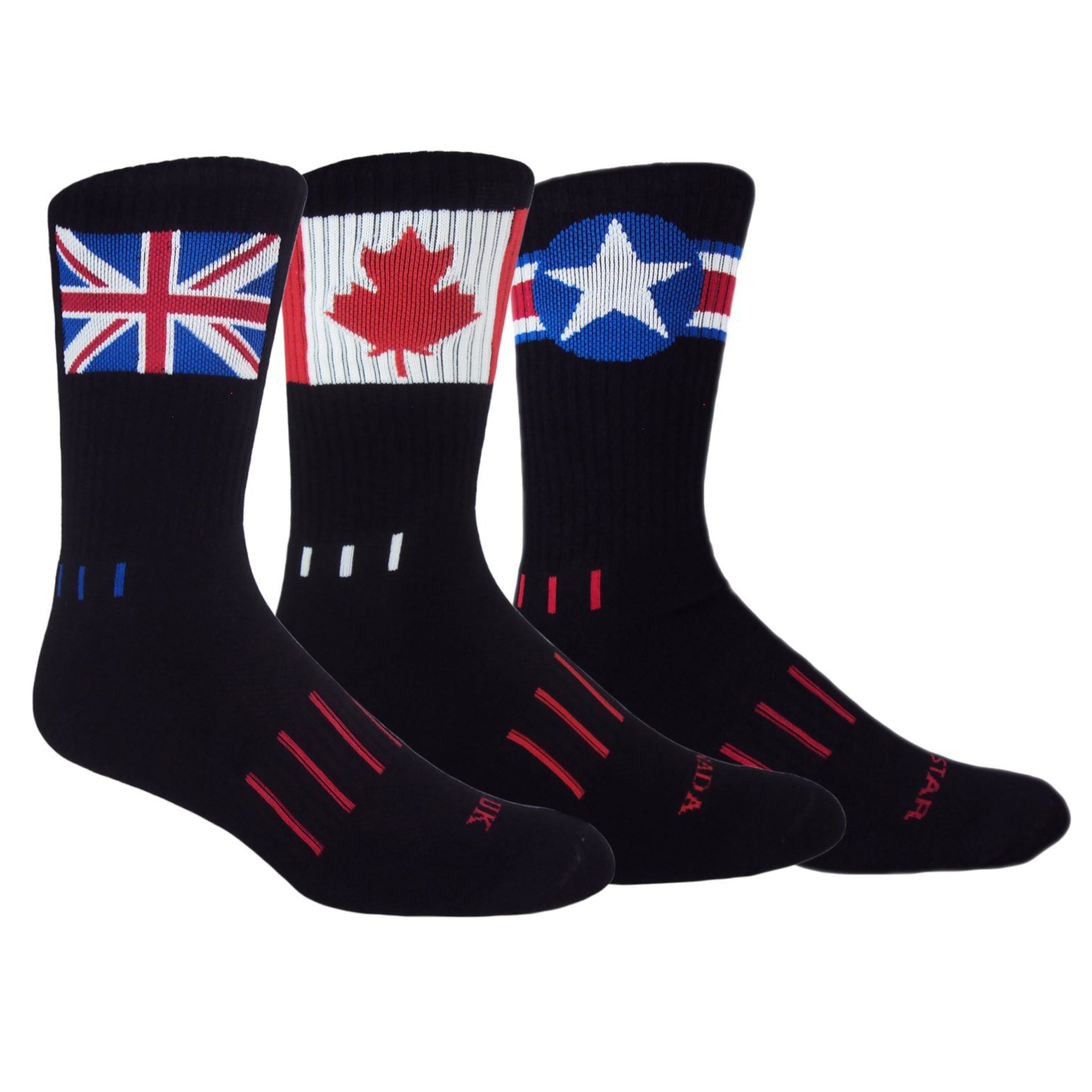 Allied Forces Premium Crew 3-Pack socks featuring Union Jack, Maple Leaf, and American star designs on black background.