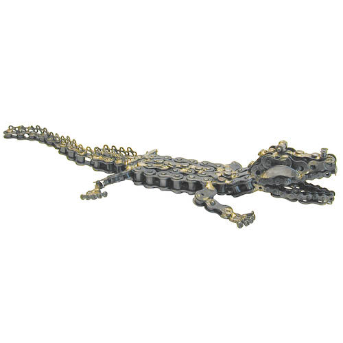 Handcrafted metal alligator sculpture made from recycled materials, showcasing intricate details and unique design.