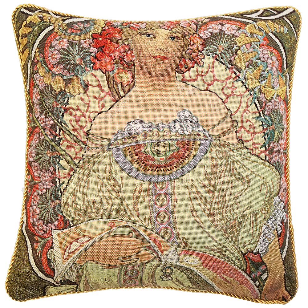 Alphonse Mucha Day Dream cushion cover featuring Art Nouveau design, eco-friendly fabric, and double-sided tapestry.