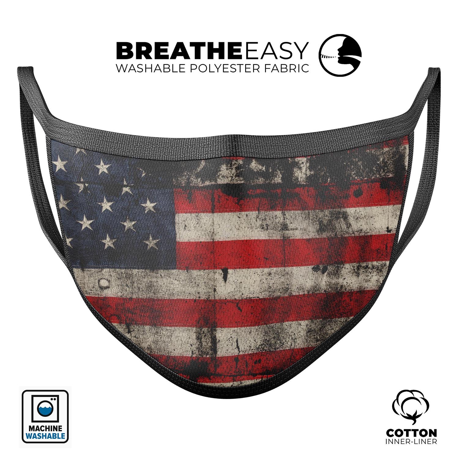 American Distressed Flag Panel face mask, featuring a patriotic design, adjustable ear loops, and made from soft cotton for comfort.