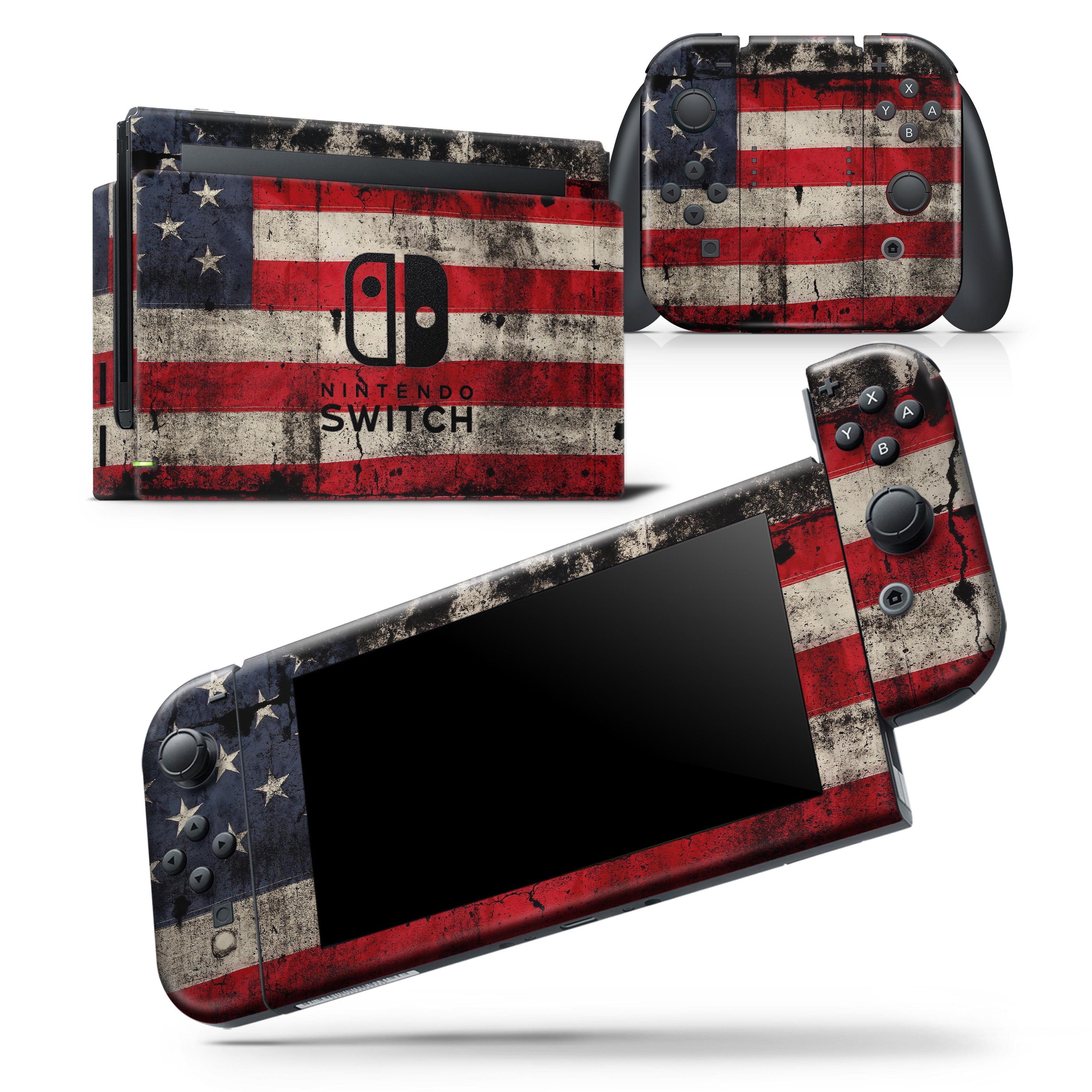 American Distressed Flag skin wrap decal for Nintendo Switch, showcasing vibrant colors and a precise fit for console and controllers.