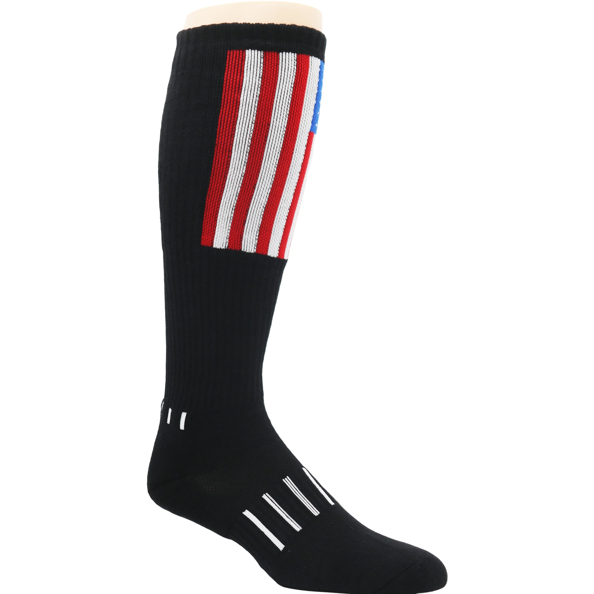 American Flag Deadlift Block Socks featuring a heavy cushion design, knee-high length, and ventilator mesh top for optimal performance.