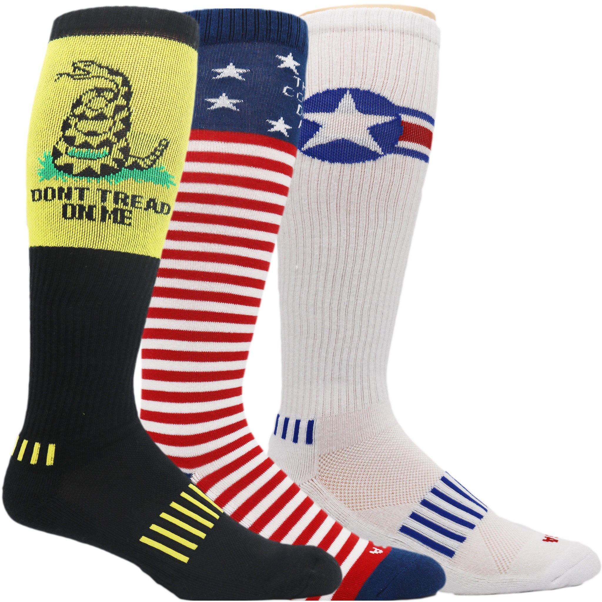 A pack of three knee-high socks featuring patriotic designs: Gadsden Flag, American Flag, and white star pattern, all made in the USA.