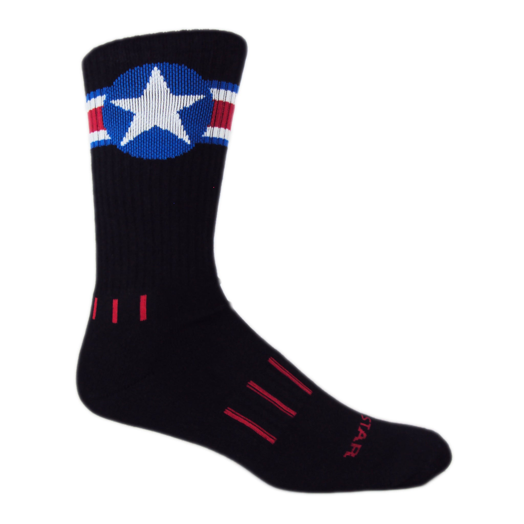 American Star Crew Socks featuring a bold star design and vibrant stripes, perfect for showcasing patriotism.