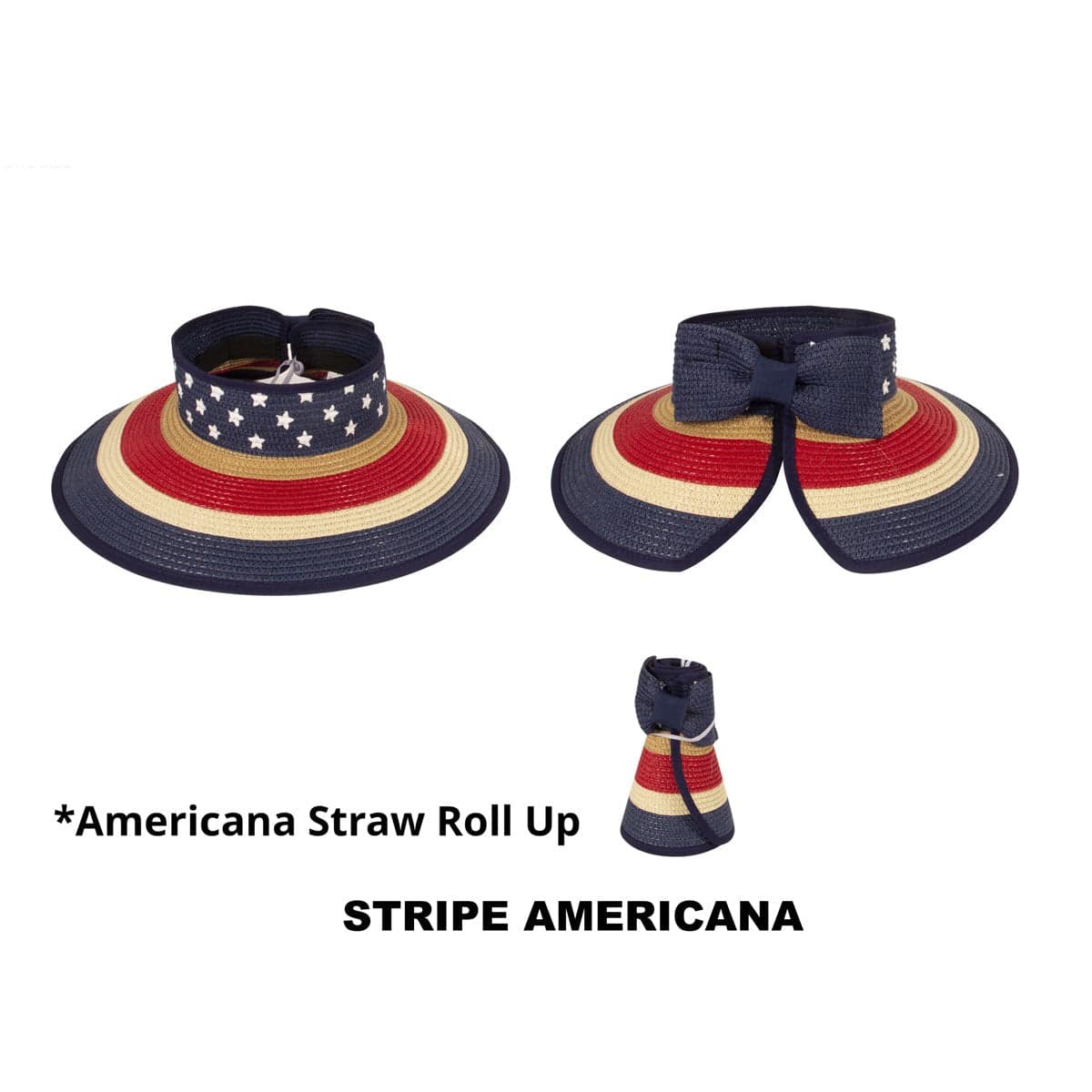 Americana Patriotic Rollable Visor featuring a decorative bow and adjustable strap, perfect for outdoor activities and 4th of July celebrations.