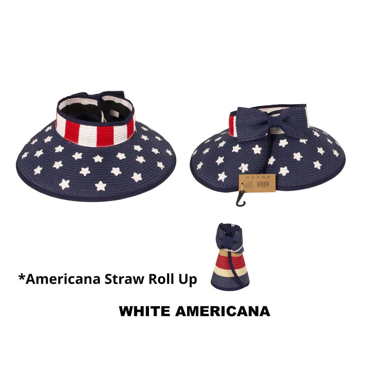 Americana Patriotic Rollable Visor featuring a decorative bow and adjustable strap, perfect for outdoor activities and 4th of July celebrations.