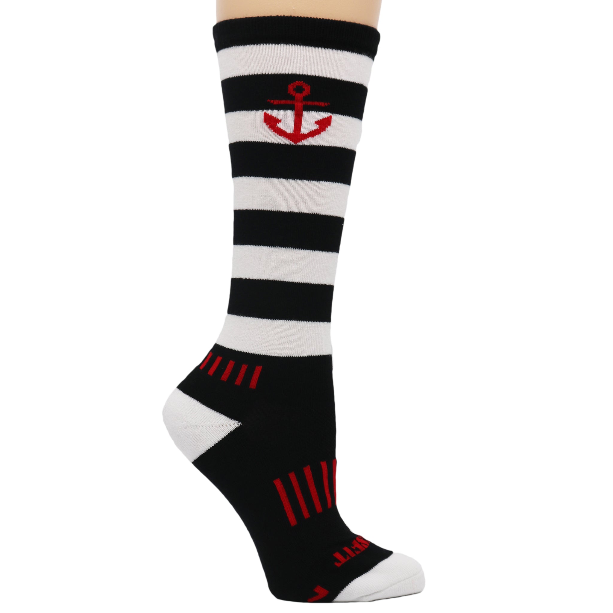 Anchors Away Kids Socks featuring black and white stripes with a red anchor design, perfect for young athletes.