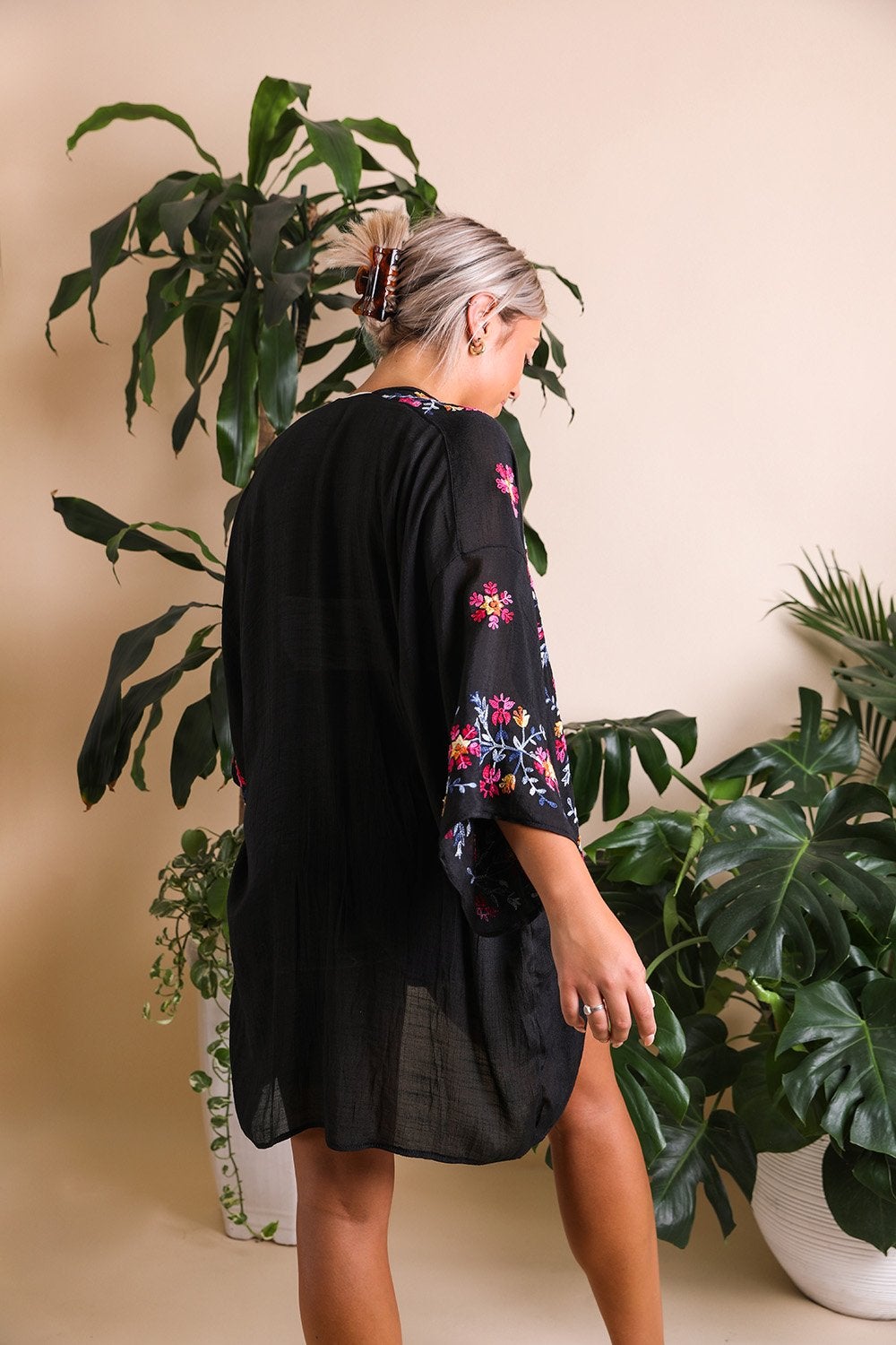 Anemone Embroidered Kimono featuring intricate Japanese embroidery and a coastal-inspired ikat print.