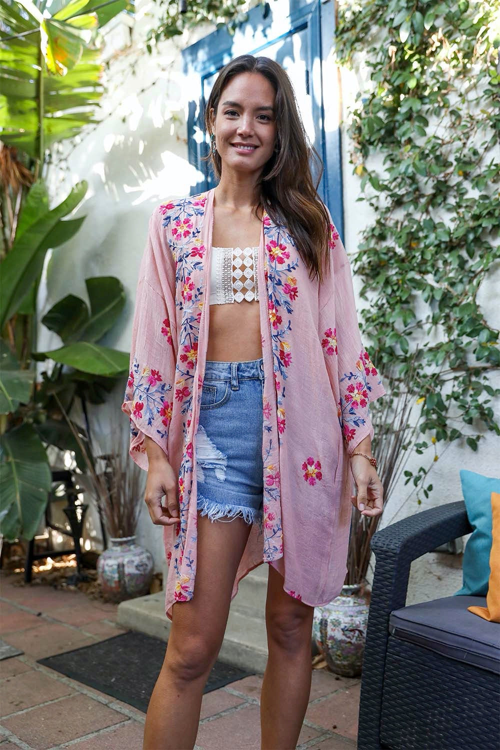 Anemone Embroidered Kimono featuring intricate Japanese embroidery and a coastal-inspired ikat print.