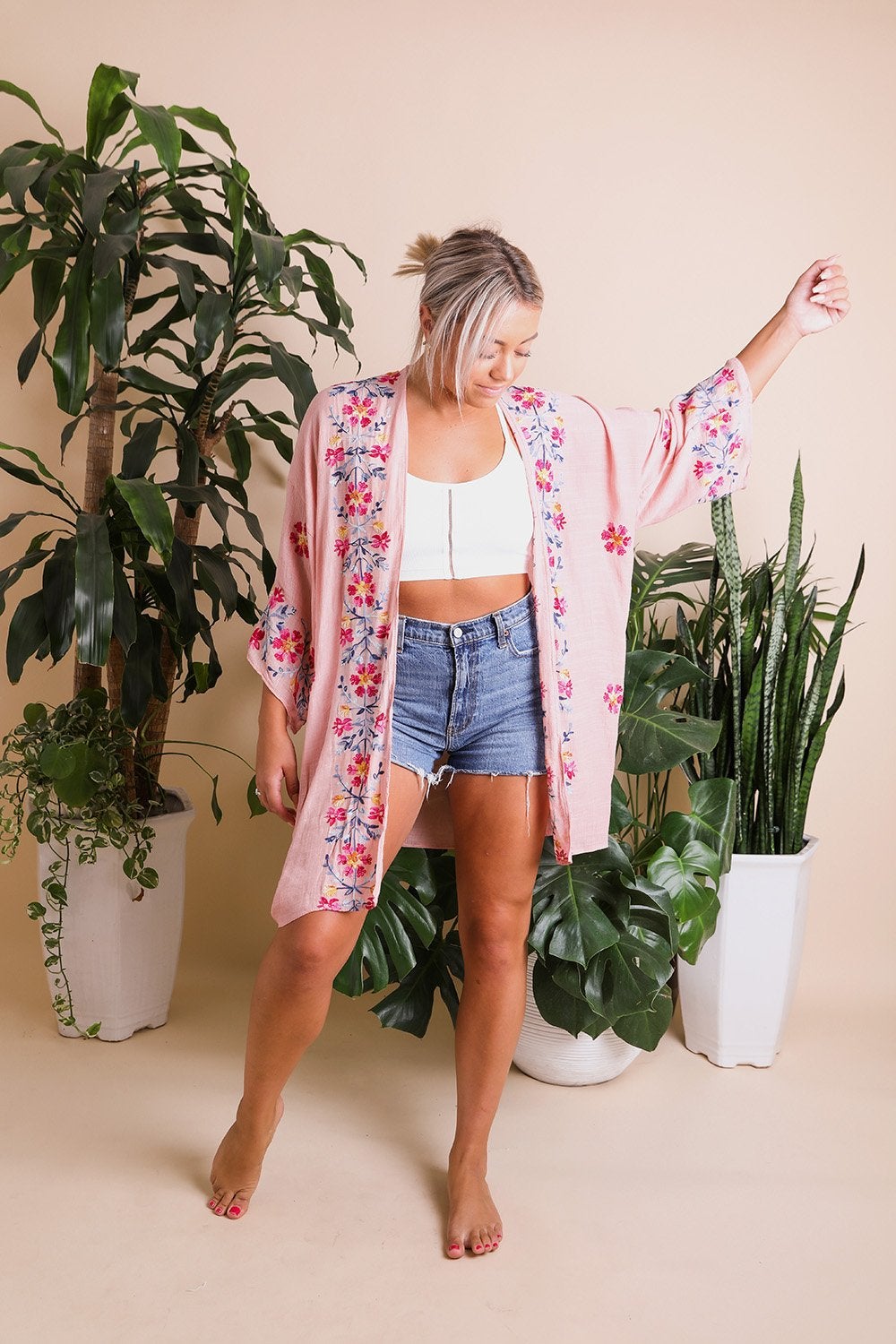 Anemone Embroidered Kimono featuring intricate Japanese embroidery and a coastal-inspired ikat print.