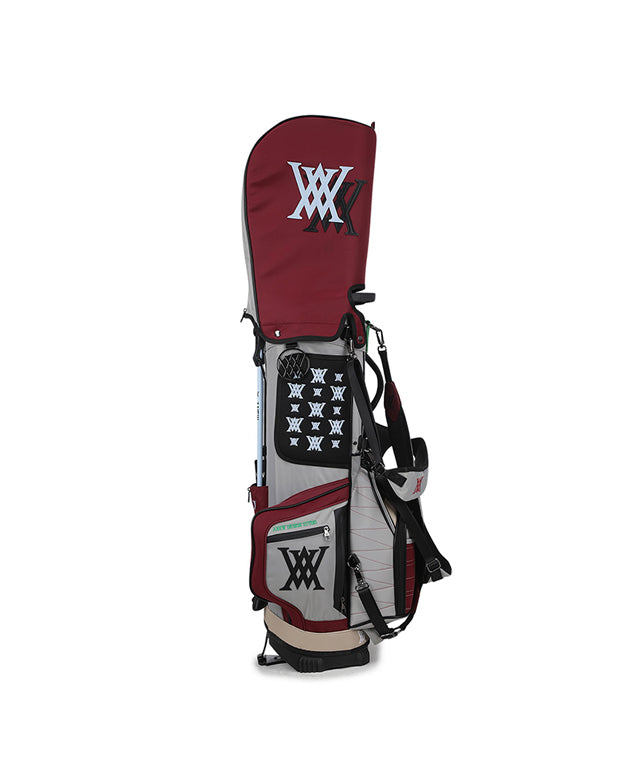 ANEW Golf Double Logo Stand Bag in Magenta featuring a unique curved camo pattern and luxurious embo-type material.