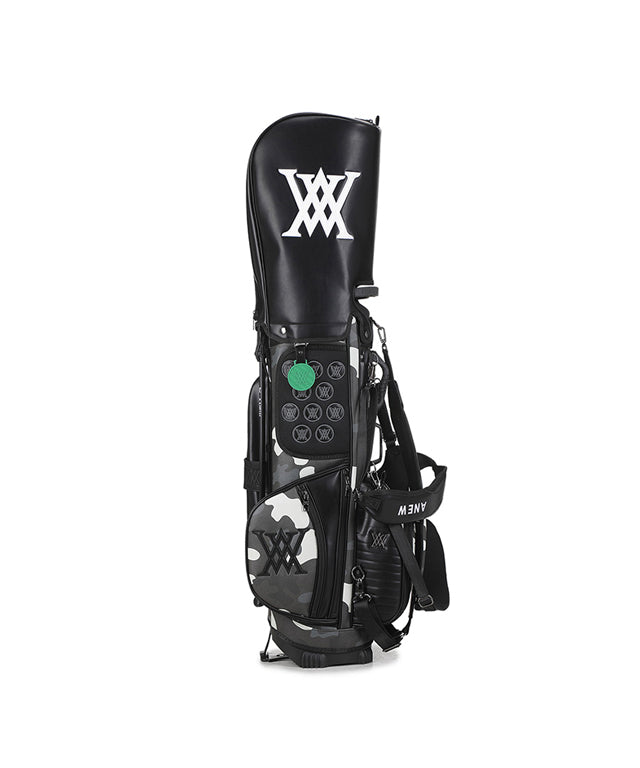 ANEW Golf Indie Camo Stand Bag in Black featuring stylish design and multiple storage pockets.