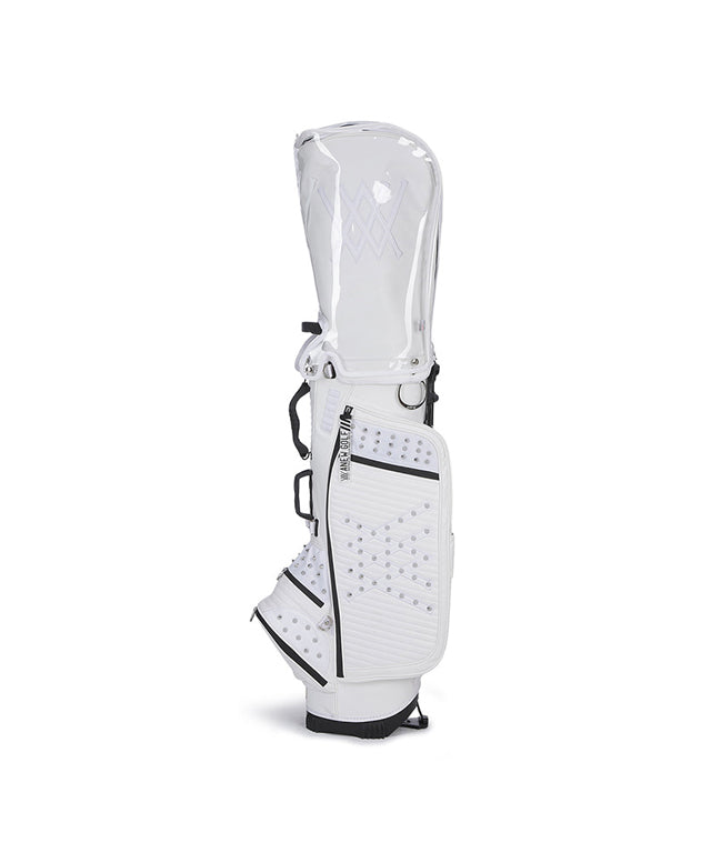 ANEW Golf White Stand Bag featuring a stylish design with multiple storage pockets and accessories.