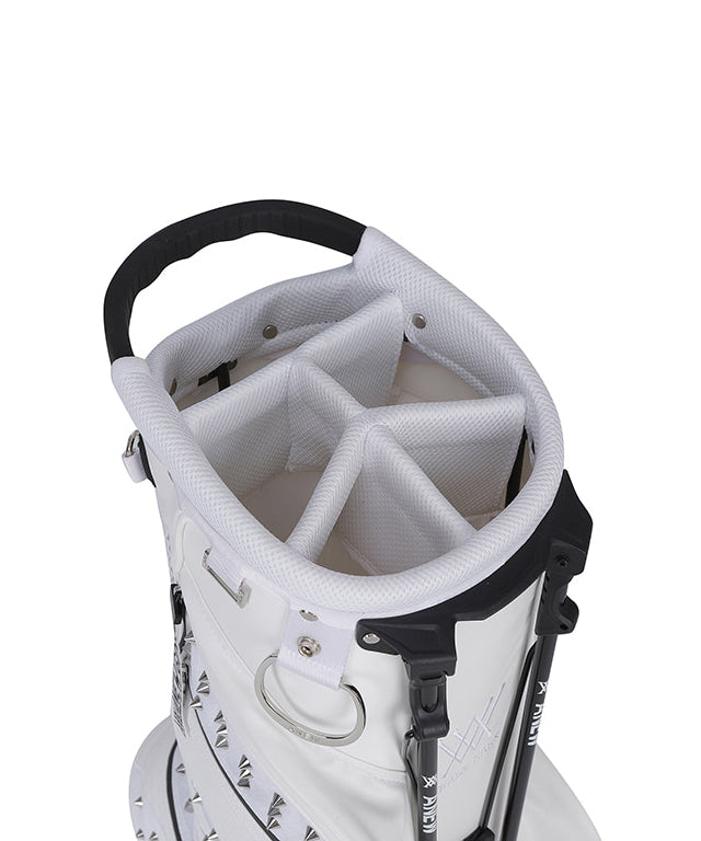 ANEW Golf White Stand Bag featuring a stylish design with multiple storage pockets and accessories.