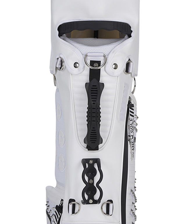 ANEW Golf White Stand Bag featuring a stylish design with multiple storage pockets and accessories.