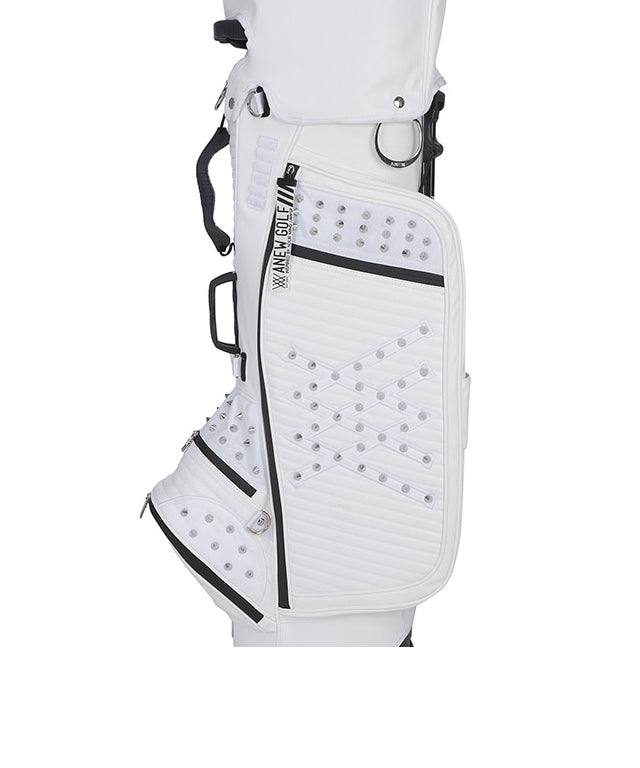 ANEW Golf White Stand Bag featuring a stylish design with multiple storage pockets and accessories.