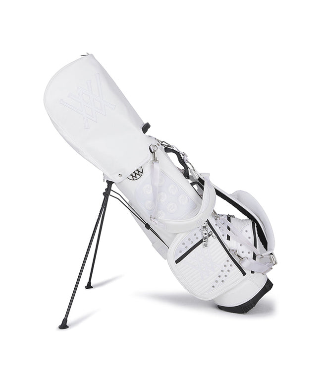 ANEW Golf White Stand Bag featuring a stylish design with multiple storage pockets and accessories.