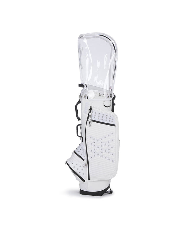 ANEW Golf White Stand Bag featuring a stylish design with multiple storage pockets and accessories.