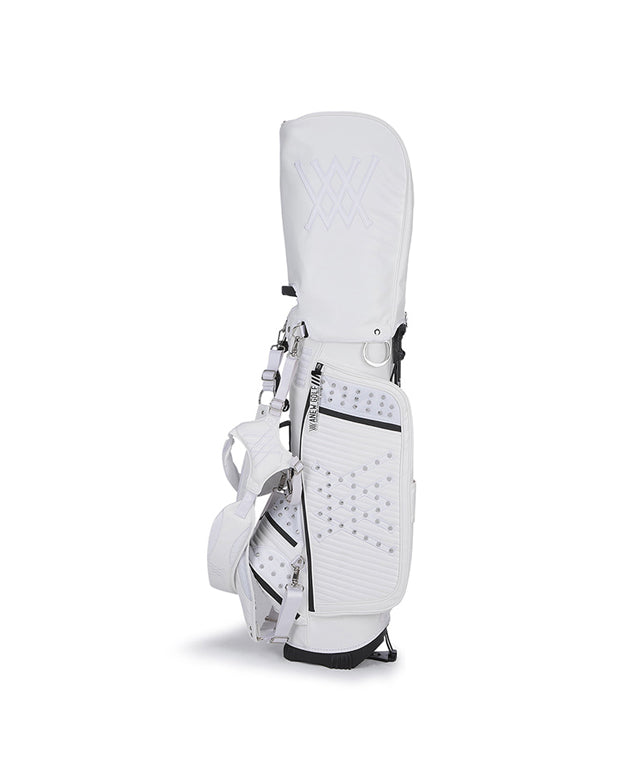 ANEW Golf White Stand Bag featuring a stylish design with multiple storage pockets and accessories.