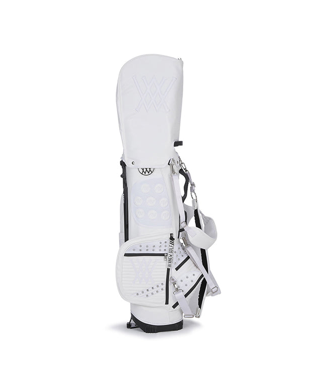 ANEW Golf White Stand Bag featuring a stylish design with multiple storage pockets and accessories.