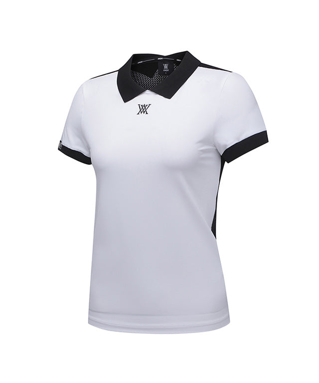 ANEW Golf Women's Back Knit Block Short T-Shirt in White, showcasing its stylish design and breathable fabric.