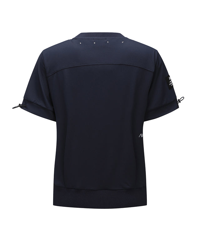 Navy short sleeve crop t-shirt for women with bead details and adjustable sleeves, showcasing a relaxed fit and stylish design.