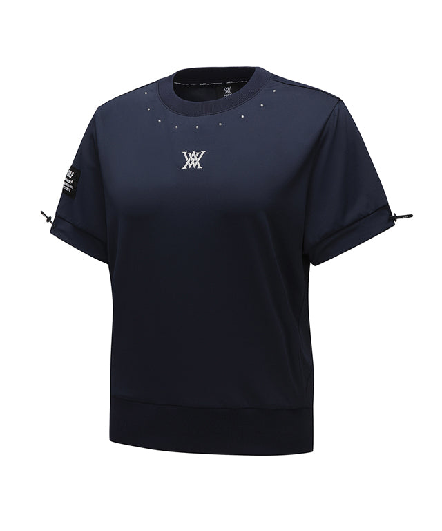 Navy short sleeve crop t-shirt for women with bead details and adjustable sleeves, showcasing a relaxed fit and stylish design.