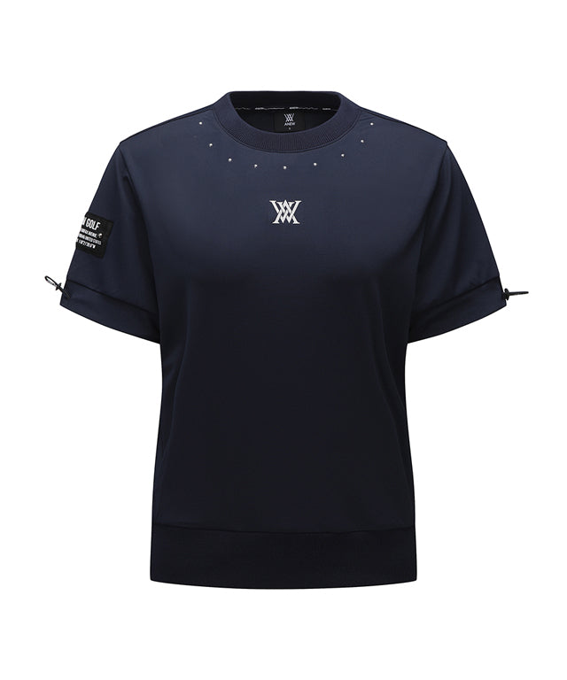 Navy short sleeve crop t-shirt for women with bead details and adjustable sleeves, showcasing a relaxed fit and stylish design.