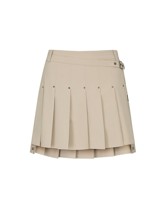 ANEW Golf Women's Buckle Decoration Pleats Skirt in Beige, showcasing pleats and buckle details.