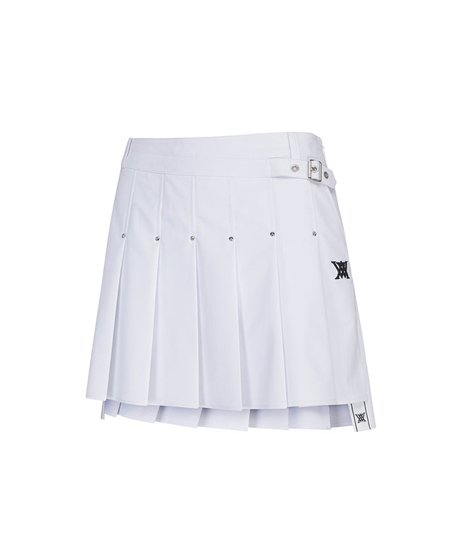 ANEW Women's Buckle Decoration Pleats Skirt in White, featuring stylish pleats and buckle details, perfect for golf and casual wear.