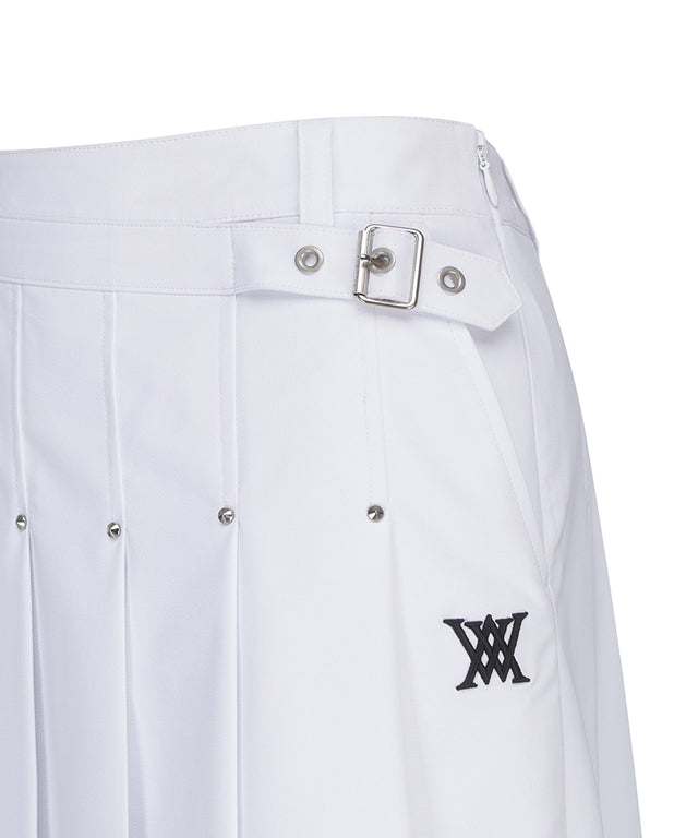 ANEW Women's Buckle Decoration Pleats Skirt in White, featuring stylish pleats and buckle details, perfect for golf and casual wear.