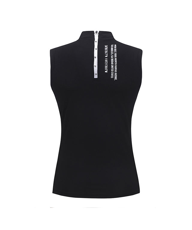 ANEW Golf Women Front Logo Point Sleeveless T-shirt in Black, featuring a high neck and point collar design.