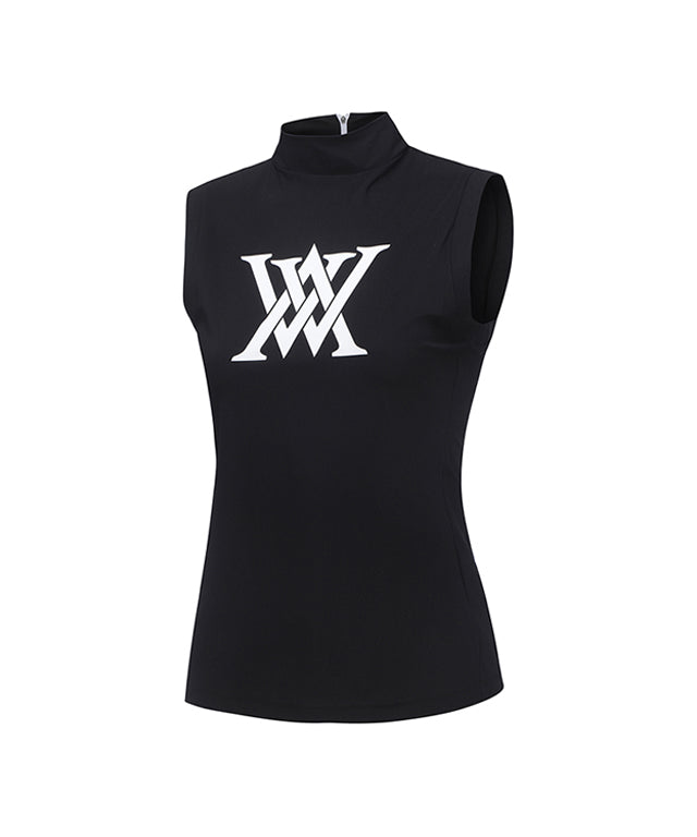 ANEW Golf Women Front Logo Point Sleeveless T-shirt in Black, featuring a high neck and point collar design.