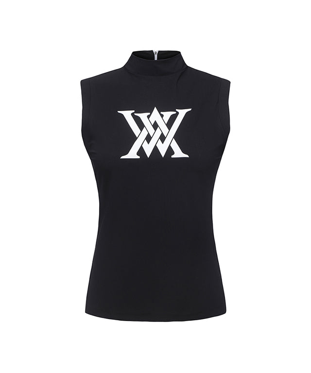 ANEW Golf Women Front Logo Point Sleeveless T-shirt in Black, featuring a high neck and point collar design.