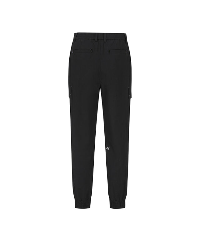 Women Incision Pocket Jogger Long Pants in black with unique incision pocket design and adjustable waistband.