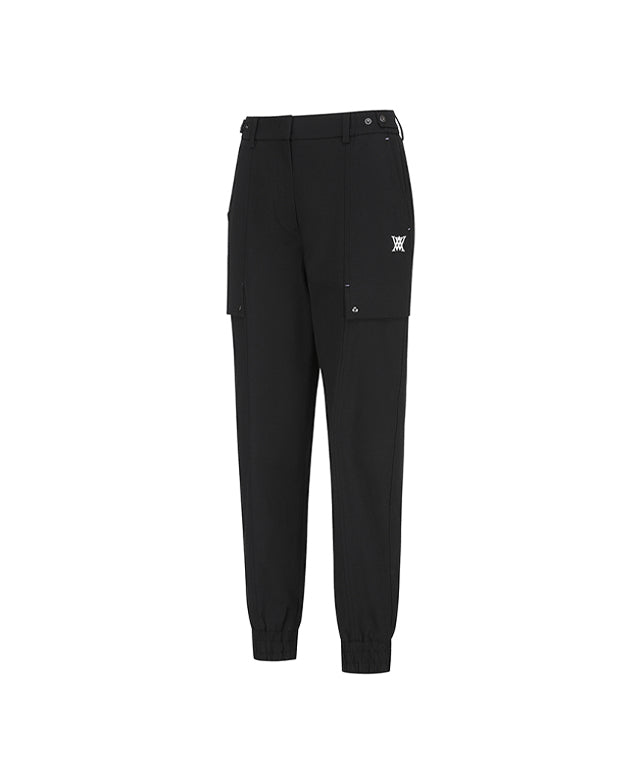 Women Incision Pocket Jogger Long Pants in black with unique incision pocket design and adjustable waistband.